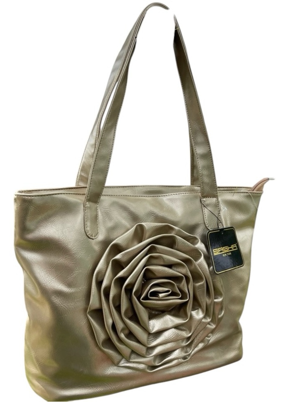 RARE Sasha New York Gold Faux Leather 3D Rose Flower Tote Bag NWT